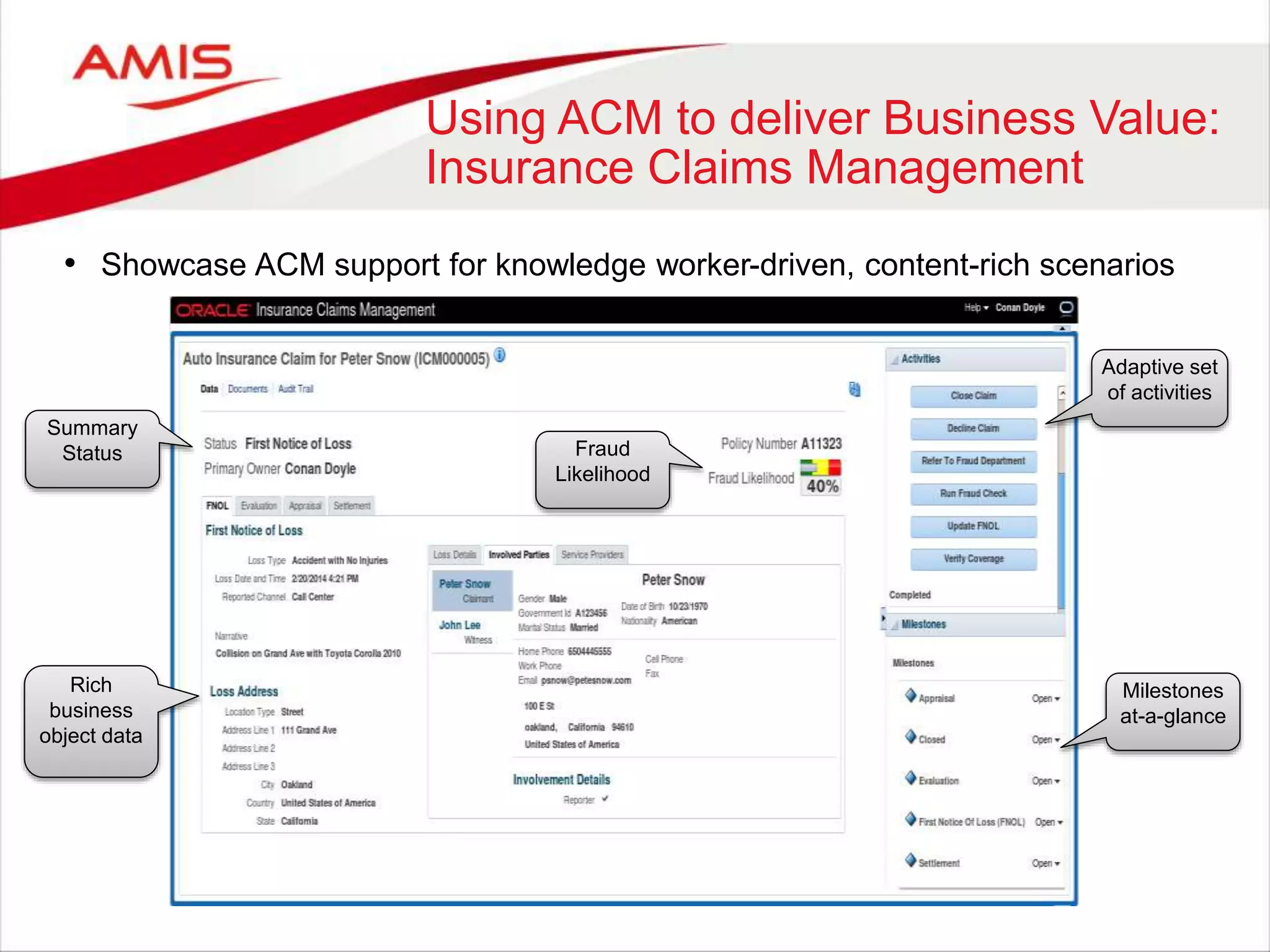 Using ACM to deliver Business Value:
Insurance Claims Management
• Showcase ACM support for knowledge worker-driven, content-rich scenarios
Adaptive set
of activities
Milestones
at-a-glance
Summary
Status Fraud
Likelihood
Rich
business
object data
 