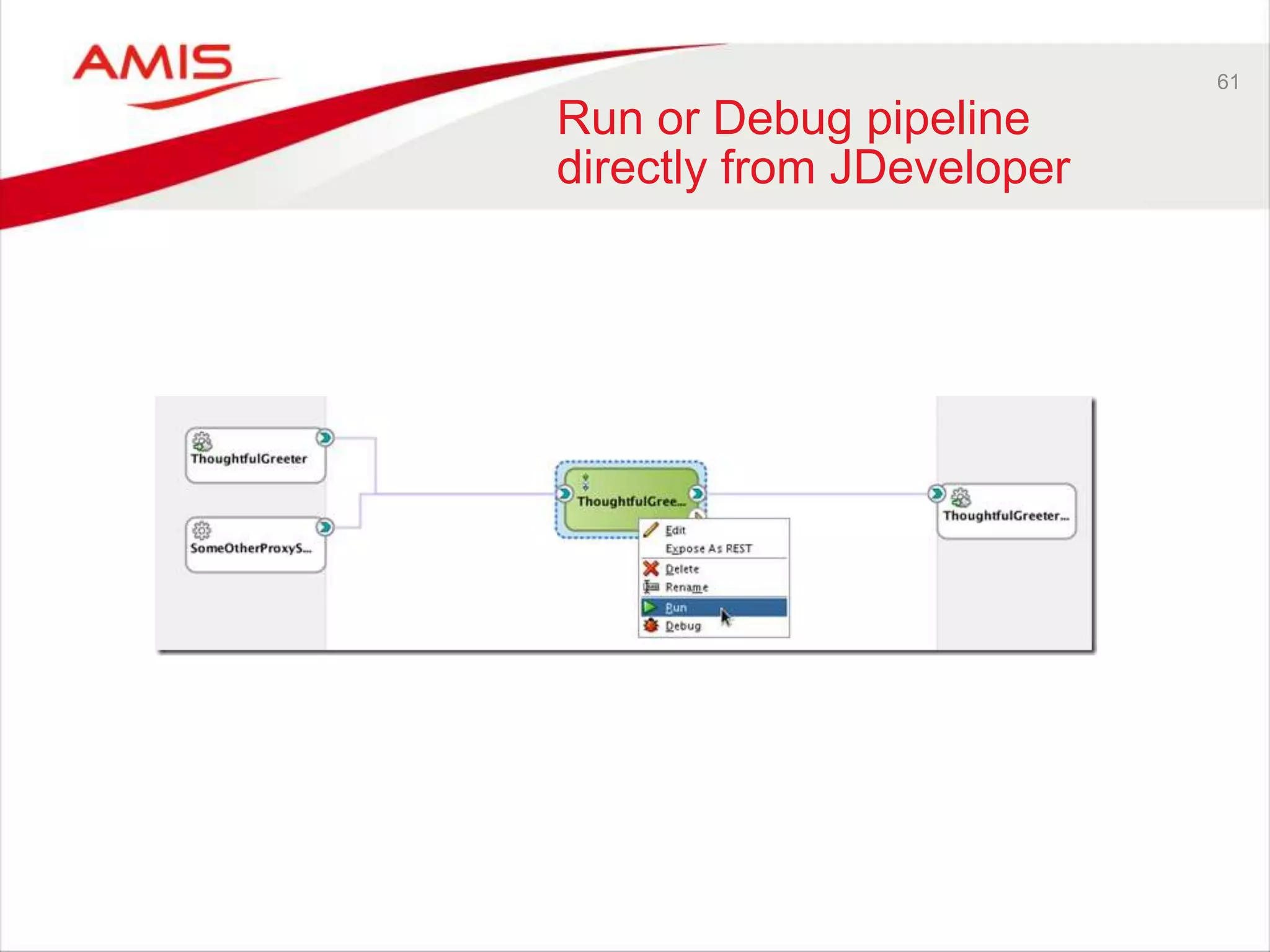 61
Run or Debug pipeline
directly from JDeveloper
 