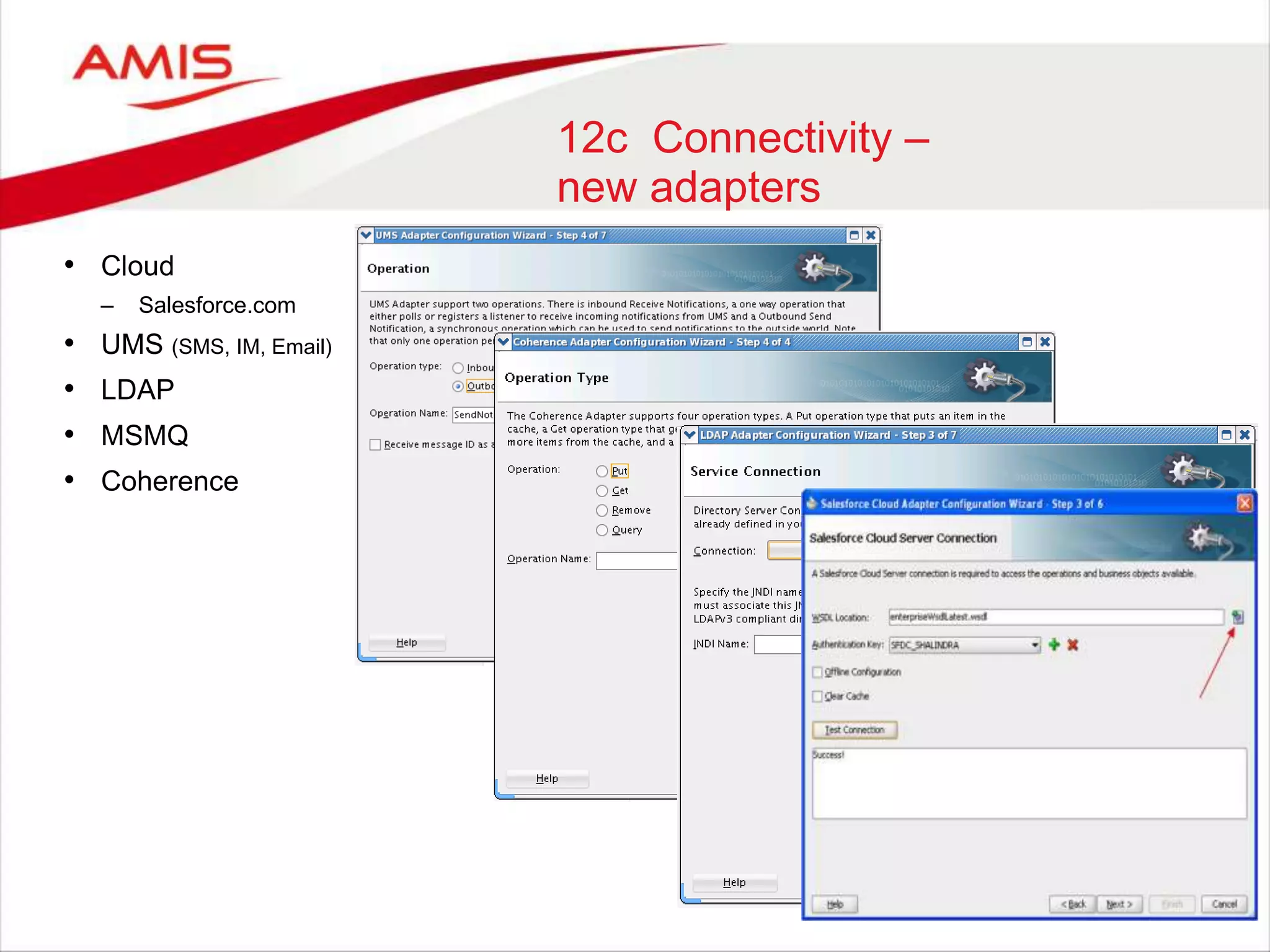 12c Connectivity –
new adapters
• Cloud
– Salesforce.com
• UMS (SMS, IM, Email)
• LDAP
• MSMQ
• Coherence
 