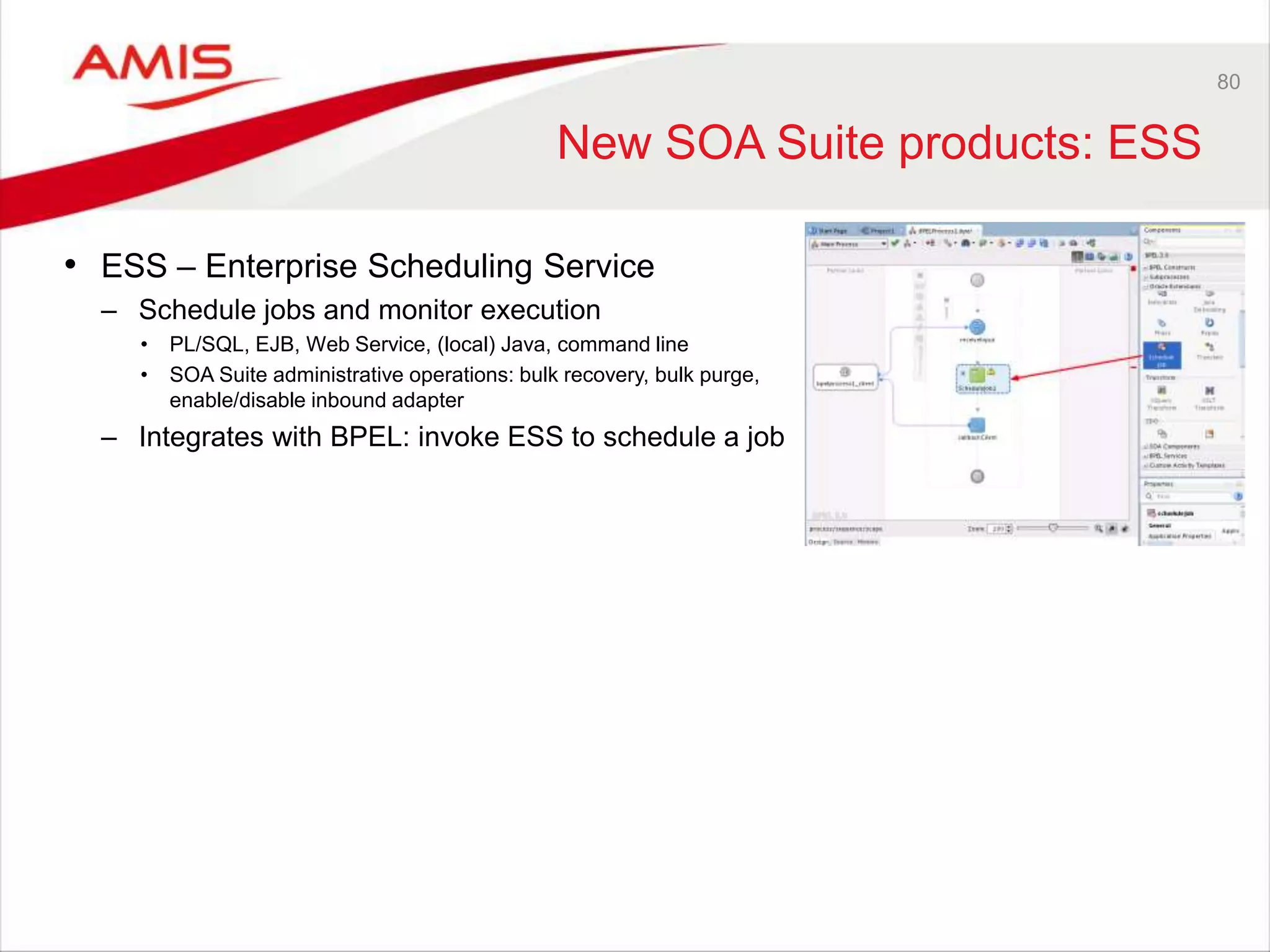 80
New SOA Suite products: ESS
• ESS – Enterprise Scheduling Service
– Schedule jobs and monitor execution
• PL/SQL, EJB, Web Service, (local) Java, command line
• SOA Suite administrative operations: bulk recovery, bulk purge,
enable/disable inbound adapter
– Integrates with BPEL: invoke ESS to schedule a job
 