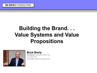 MZ BIERLY CONSULTING




        Building the Brand. . .
       Value Systems and Value
             Propositions
                Buck Bierly
                MZ BIERLY CONSULTING, INC.
                610-296-4772
                bbierly@mzbierlyconsulting.com
 