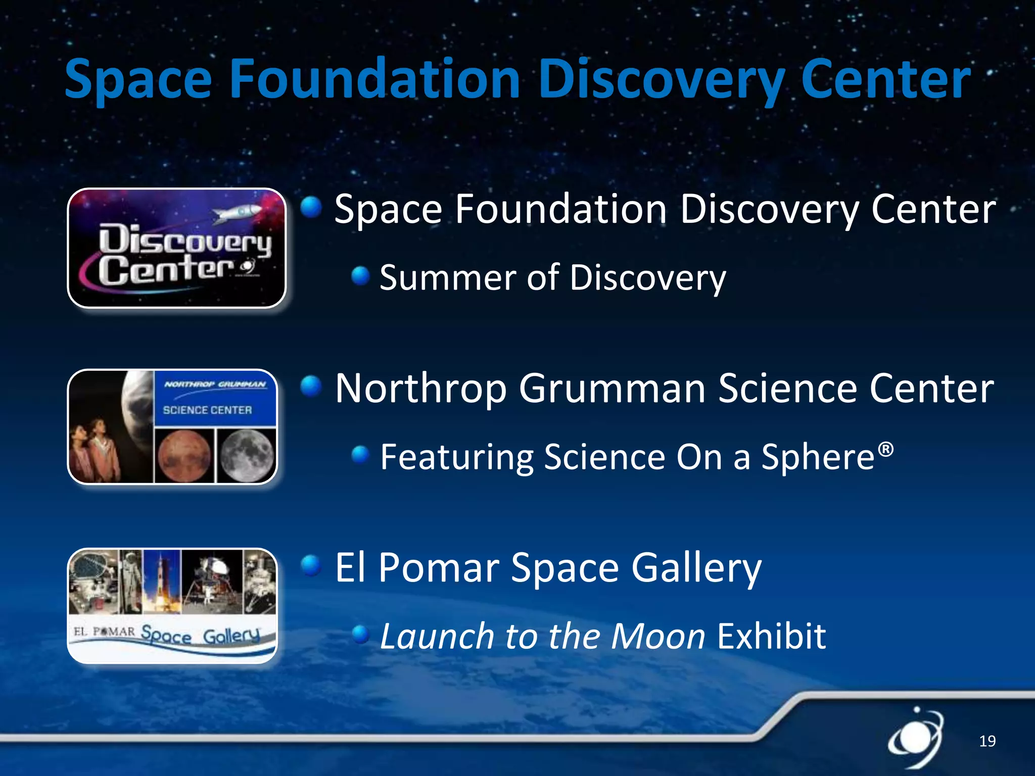 Space Foundation Discovery Center
Space Foundation Discovery Center
Summer of Discovery

Northrop Grumman Science Center
Featuring Science On a Sphere®

El Pomar Space Gallery
Launch to the Moon Exhibit
19

 