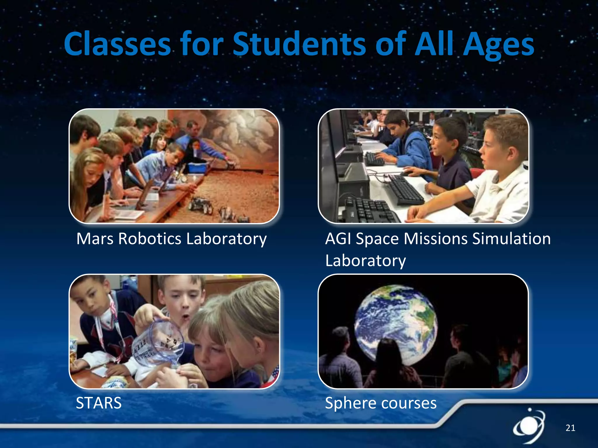 Classes for Students of All Ages

Mars Robotics Laboratory

AGI Space Missions Simulation
Laboratory

STARS

Sphere courses
21

 