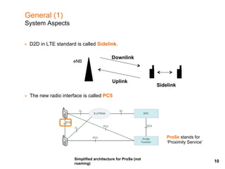 General (1)
System Aspects
§  D2D in LTE standard is called Sidelink.
§  The new radio interface is called PC5
Downlink
Up...