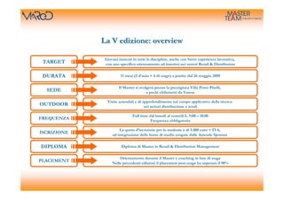 La V edizione: overview

              Giovani laureati in tutte le discipline, anche con breve esperienza lavorativa,
 TARGET       con uno specifico orientamento ad inserirsi nei settori Retail & Distribution


 DURATA                11 mesi (5 d’aula + 6 di stage) a partire dal 26 maggio 2009

                      Il Master si svolgerà presso la prestigiosa Villa Porro Pirelli,
  SEDE                                 a pochi chilometri da Varese

               Visite aziendali e di approfondimento sul campo applicativo della ricerca
OUTDOOR                               nei settori distribuzione e retail

                              Full time dal lunedì al venerdì h. 9:00 – 18:00
FREQUENZA                                Frequenza obbligatoria

                      La quota d’iscrizione per lo studente è di 5.000 euro + IVA,
ISCRIZIONE        ad integrazione delle borse di studio erogate dalle Aziende Sponsor


DIPLOMA                 Diploma di Master in Retail & Distribution Management

                      Orientamento durante il Master e coaching in fase di stage
PLACEMENT         Nelle precedenti edizioni il placement post-stage ha superato il 90%
 