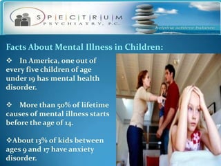 Facts About Mental Illness in Children:
 In America, one out of
every five children of age
under 19 has mental health
disorder.

 More than 50% of lifetime
causes of mental illness starts
before the age of 14.

About 13% of kids between
ages 9 and 17 have anxiety
disorder.
 