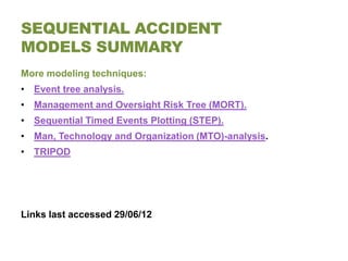 SEQUENTIAL ACCIDENT
MODELS SUMMARY
More modeling techniques:
• Event tree analysis.
• Management and Oversight Risk Tree (MORT).
• Sequential Timed Events Plotting (STEP).
• Man, Technology and Organization (MTO)-analysis.
• TRIPOD




Links last accessed 29/06/12
 