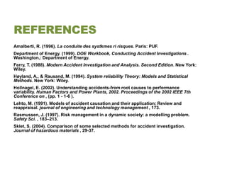 REFERENCES
Amalberti, R. (1996). La conduite des systkmes ri risques. Paris: PUF.
Department of Energy. (1999). DOE Workbook, Conducting Accident Investigations .
Washington,: Department of Energy.
Ferry, T. (1988). Modern Accident Investigation and Analysis. Second Edition. New York:
Wiley.
Høyland, A., & Rausand, M. (1994). System reliability Theory: Models and Statistical
Methods. New York: Wiley.
Hollnagel, E. (2002). Understanding accidents-from root causes to performance
variability. Human Factors and Power Plants, 2002. Proceedings of the 2002 IEEE 7th
Conference on , (pp. 1 - 1-6 ).
Lehto, M. (1991). Models of accident causation and their application: Review and
reappraisal. journal of engineering and technology management , 173.
Rasmussen, J. (1997). Risk management in a dynamic society: a modelling problem.
Safety Sci. , 183–213.
Sklet, S. (2004). Comparison of some selected methods for accident investigation.
Journal of hazardous materials , 29-37.
 
