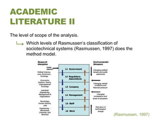 ACADEMIC
LITERATURE II
The level of scope of the analysis.
        Which levels of Rasmussen’s classification of
        sociotechnical systems (Rasmussen, 1997) does the
        method model.




                                                (Rasmussen, 1997)
 