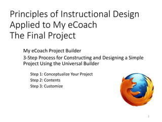 Principles of Instructional Design
Applied to My eCoach
The Final Project
My eCoach Project Builder
3-Step Process for Constructing and Designing a Simple
Project Using the Universal Builder
Step 1: Conceptualize Your Project
Step 2: Contents
Step 3: Customize
2
 