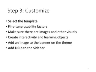 Step 3: Customize
• Select the template
• Fine-tune usability factors
• Make sure there are images and other visuals
• Create interactivity and learning objects
• Add an image to the banner on the theme
• Add URLs to the Sidebar
7
 