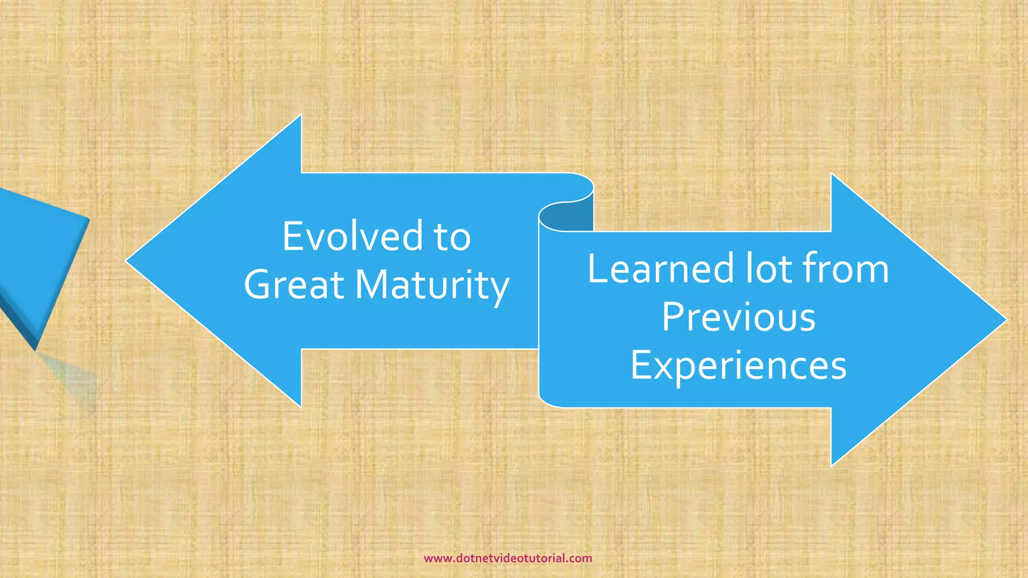 Evolved to
Great Maturity Learned lot from
Previous
Experiences
www.dotnetvideotutorial.com
 