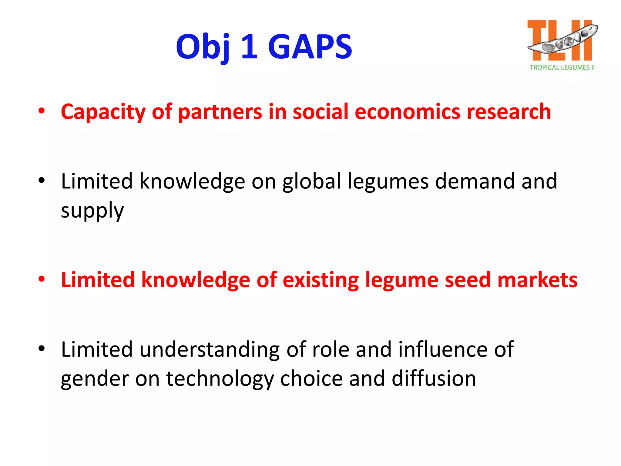Obj 1 GAPS
• Capacity of partners in social economics research
• Limited knowledge on global legumes demand and
supply
• Limited knowledge of existing legume seed markets
• Limited understanding of role and influence of
gender on technology choice and diffusion
 