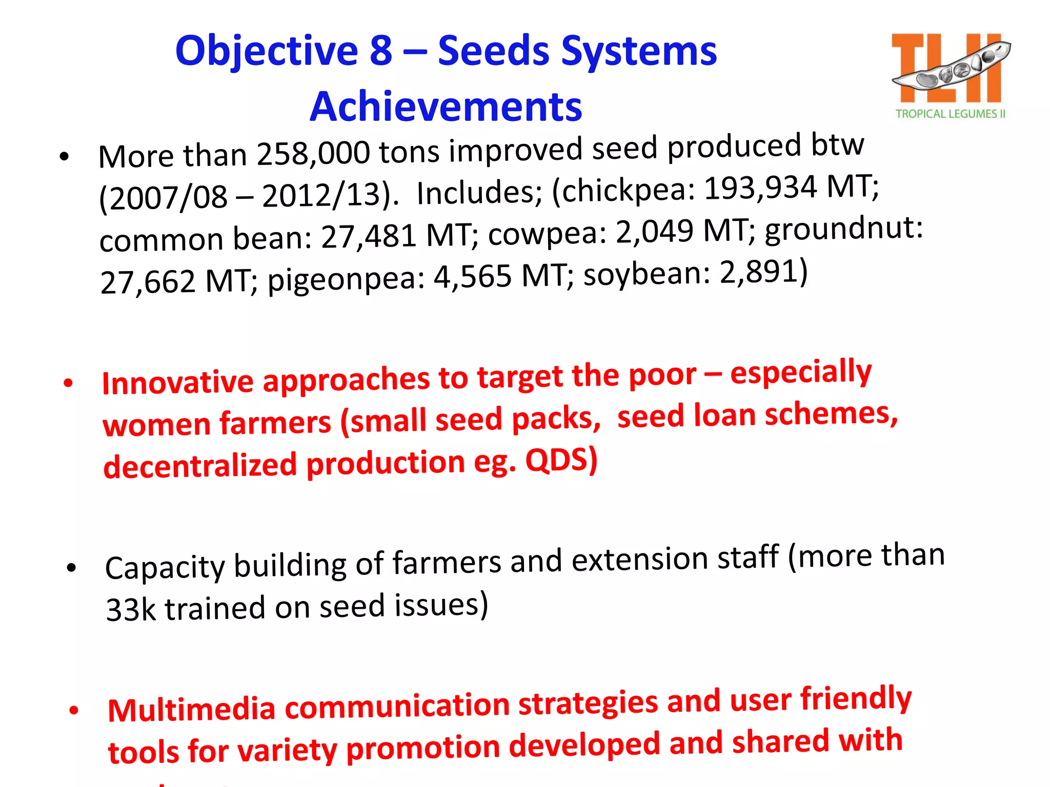 Objective 8 – Seeds Systems
Achievements
 