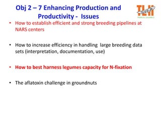 Obj 2 – 7 Enhancing Production and
Productivity - Issues
• How to establish efficient and strong breeding pipelines at
NAR...