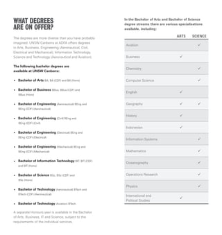 WHAT DEGREES
ARE ON OFFER?
The degrees are more diverse than you have probably
imagined. UNSW Canberra at ADFA offers degrees
in Arts, Business, Engineering (Aeronautical, Civil,
Electrical and Mechanical), Information Technology,
Science and Technology (Aeronautical and Aviation).
The following bachelor degrees are
available at UNSW Canberra:
•  Bachelor of Arts BA, BA (CDF) and BA (Hons)
•  Bachelor of Business BBus, BBus (CDF) and
BBus (Hons)
• Bachelor of Engineering (Aeronautical) BEng and
BEng (CDF) (Aeronautical)
•  Bachelor of Engineering (Civil) BEng and
BEng (CDF) (Civil)
•  Bachelor of Engineering (Electrical) BEng and
BEng (CDF) (Electrical)
•  Bachelor of Engineering (Mechanical) BEng and
BEng (CDF) (Mechanical)
•  Bachelor of Information Technology BIT, BIT (CDF)
and BIT (Hons)
•  Bachelor of Science BSc, BSc (CDF) and
BSc (Hons)
•  Bachelor of Technology (Aeronautical) BTech and
BTech (CDF) (Aeronautical)
•  Bachelor of Technology (Aviation) BTech
In the Bachelor of Arts and Bachelor of Science
degree streams there are various specialisations
available, including:
A separate Honours year is available in the Bachelor
of Arts, Business, IT and Science, subject to the
requirements of the individual services.
ARTS SCIENCE
Aviation 
Business 
Chemistry 
Computer Science 
English 
Geography  
History 
Indonesian 
Information Systems 
Mathematics 
Oceanography 
Operations Research 
Physics 
International and
Political Studies

 