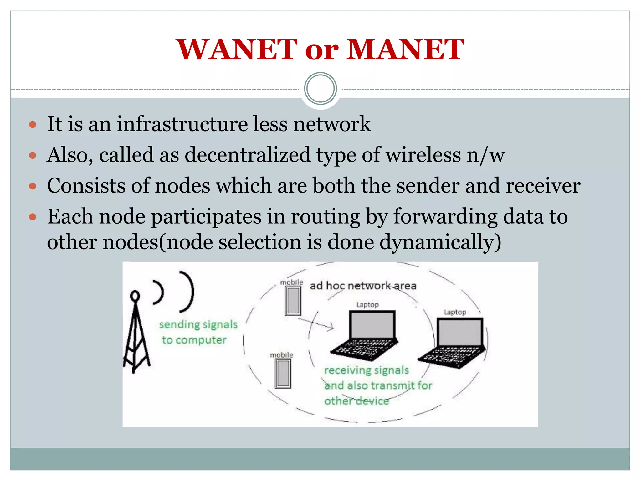 WANET or MANET
 It is an infrastructure less network
 Also, called as decentralized type of wireless n/w
 Consists of nodes which are both the sender and receiver
 Each node participates in routing by forwarding data to
other nodes(node selection is done dynamically)
 