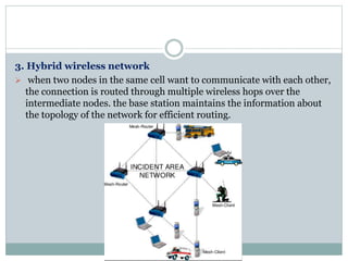 3. Hybrid wireless network
 when two nodes in the same cell want to communicate with each other,
the connection is routed through multiple wireless hops over the
intermediate nodes. the base station maintains the information about
the topology of the network for efficient routing.
 
