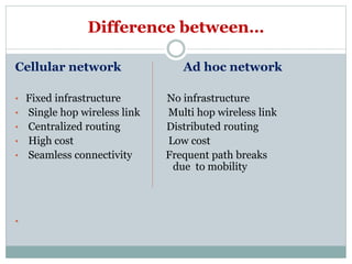 Difference between…
Cellular network Ad hoc network
• Fixed infrastructure No infrastructure
• Single hop wireless link Multi hop wireless link
• Centralized routing Distributed routing
• High cost Low cost
• Seamless connectivity Frequent path breaks
due to mobility
•
 