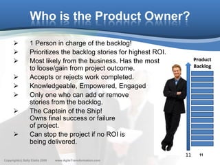 Who is the Product Owner?

                 1 Person in charge of the backlog!
                 Prioritizes the backlog ...