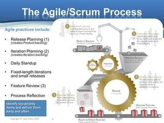 The Agile/Scrum Process
Agile practices include:

•     Release Planning (1)
      (creates Product backlog)

•     Iterat...