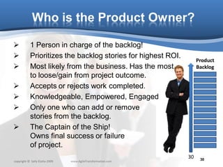 Who is the Product Owner?

          1 Person in charge of the backlog!
          Prioritizes the backlog stories for hi...