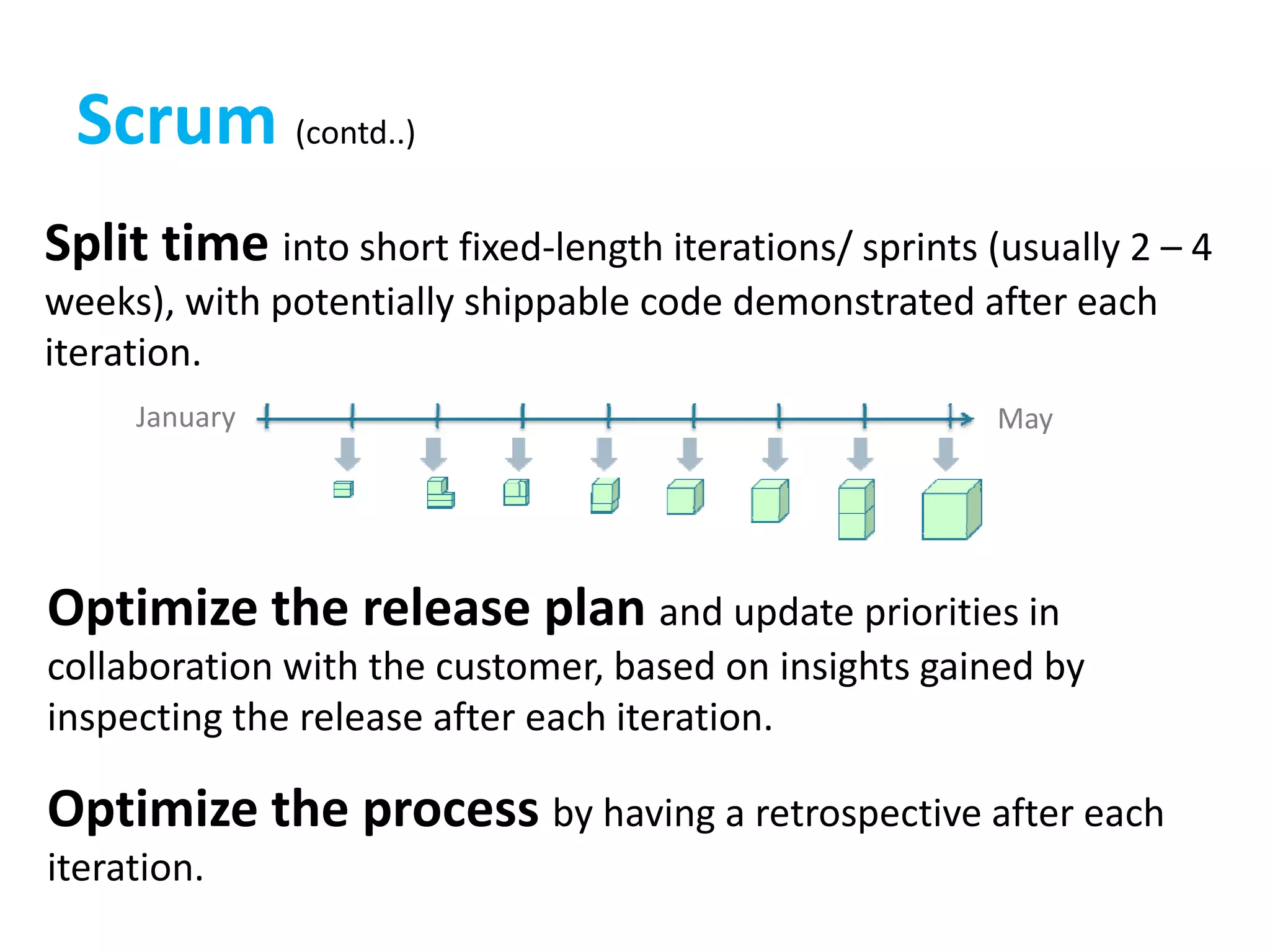 Split time into short fixed-length iterations/ sprints (usually 2 – 4
weeks), with potentially shippable code demonstrated after each
iteration.
Scrum (contd..)
January May
Optimize the release plan and update priorities in
collaboration with the customer, based on insights gained by
inspecting the release after each iteration.
Optimize the process by having a retrospective after each
iteration.
 