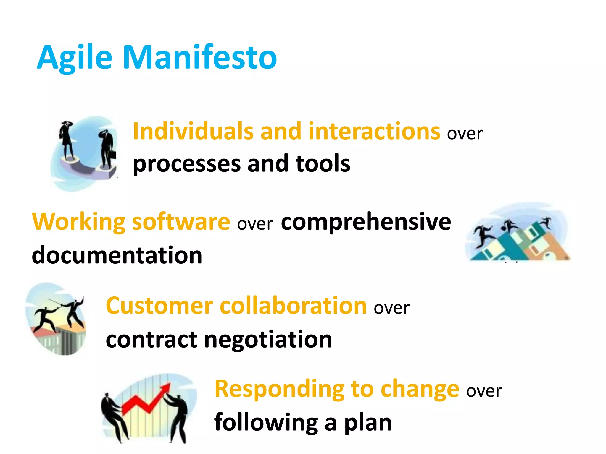 Individuals and interactions over
processes and tools
Working software over comprehensive
documentation
Customer collaboration over
contract negotiation
Responding to change over
following a plan
Agile Manifesto
 