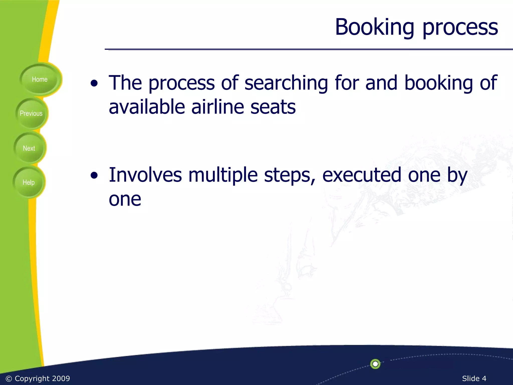 Booking process The process of searching for and booking of available airline seats Involves multiple steps, executed one by one 