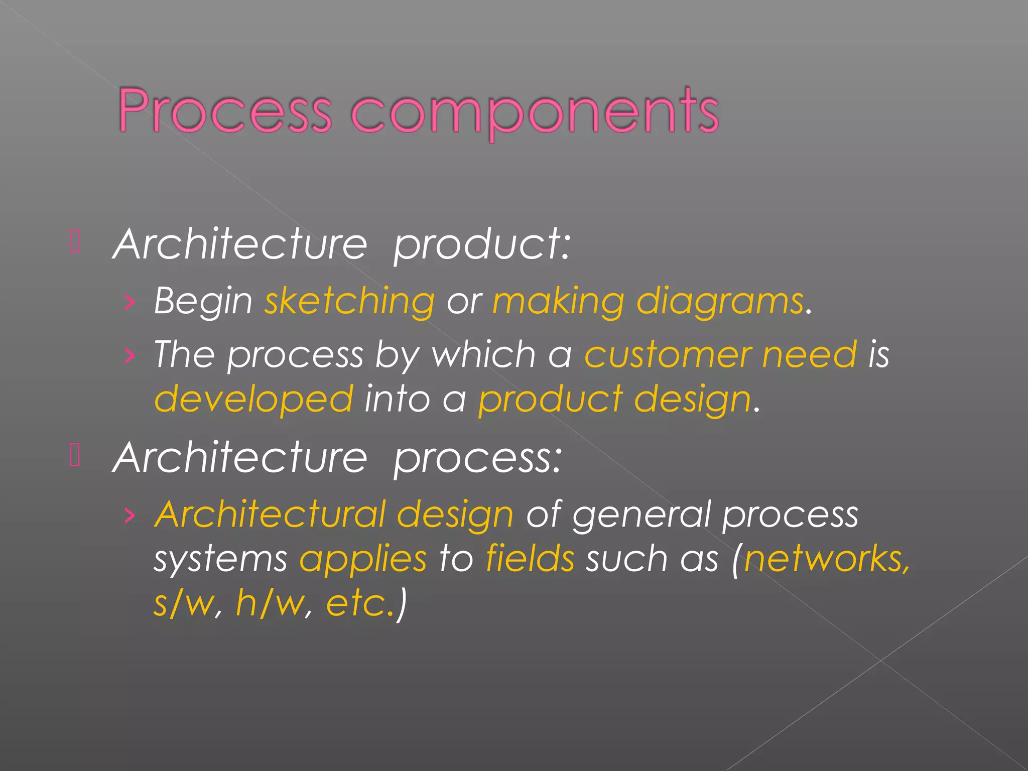 Architecture product: 
› Begin sketching or making diagrams. 
› The process by which a customer need is 
developed into a product design. 
 Architecture process: 
› Architectural design of general process 
systems applies to fields such as (networks, 
s/w, h/w, etc.) 
 