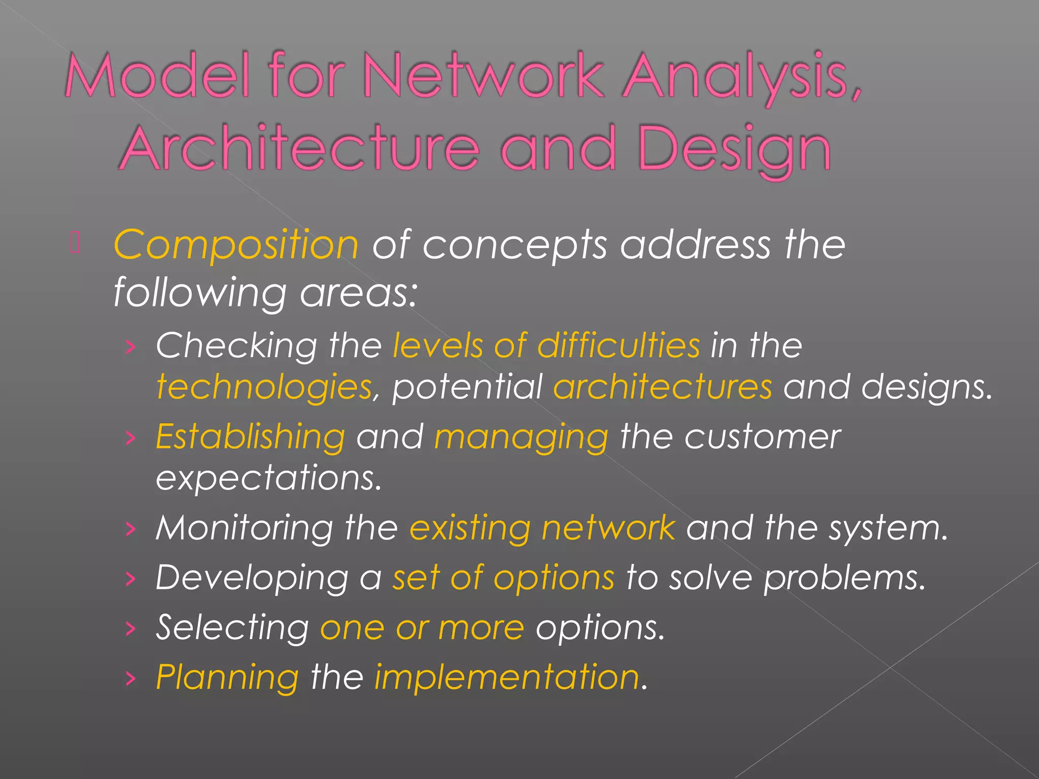  Composition of concepts address the 
following areas: 
› Checking the levels of difficulties in the 
technologies, potential architectures and designs. 
› Establishing and managing the customer 
expectations. 
› Monitoring the existing network and the system. 
› Developing a set of options to solve problems. 
› Selecting one or more options. 
› Planning the implementation. 
 