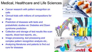 Medical, Healthcare and Life Sciences
● Cancer research with pattern recognition on
cells
● Clinical trials with millions of compositions for
drugs
● Prediction of diseases with tests and
probabilistic studies ex: Diabetes and Down
syndrome prediction
● Collection and storage of test results like scan
reports, blood test reports, etc,.
● Image processing, text processing and
complex pattern recognition analysis etc,.
● Analyzing literatures and patents to find out
cure for diseases
 