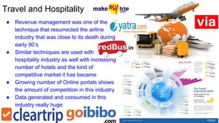 Travel and Hospitality
● Revenue management was one of the
technique that resurrected the airline
industry that was close to its death during
early 90’s
● Similar techniques are used with
hospitality industry as well with increasing
number of hotels and the kind of
competitive market it has became
● Growing number of Online portals shows
the amount of competition in this industry
● Data generated and consumed in this
industry really huge
 