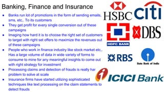 Banking, Finance and Insurance
● Banks run lot of promotions in the form of sending emails,
sms, etc,. To its customers
● They get profit for every single conversion out of these
campaigns
● Imaging how hard it is to choose the right set of customers
to target with right set offers to maximize the revenues out
of these campaigns
● People who work in finance industry like stock market etc,.
Has a large volume of data in wide variety of forms to
consume to mine for any meaningful insights to come out
with right strategy for investment
● Processing claims and detection of frauds is really hard
problem to solve at scale
● Insurance firms have started utilizing sophisticated
techniques like text processing on the claim statements to
detect frauds
 