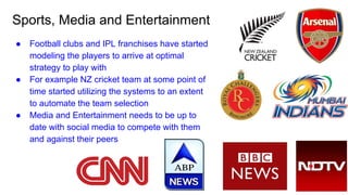 Sports, Media and Entertainment
● Football clubs and IPL franchises have started
modeling the players to arrive at optimal
strategy to play with
● For example NZ cricket team at some point of
time started utilizing the systems to an extent
to automate the team selection
● Media and Entertainment needs to be up to
date with social media to compete with them
and against their peers
 