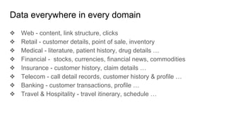 Data everywhere in every domain
❖ Web - content, link structure, clicks
❖ Retail - customer details, point of sale, inventory
❖ Medical - literature, patient history, drug details …
❖ Financial - stocks, currencies, financial news, commodities
❖ Insurance - customer history, claim details …
❖ Telecom - call detail records, customer history & profile …
❖ Banking - customer transactions, profile …
❖ Travel & Hospitality - travel itinerary, schedule …
 