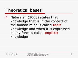 Theoretical bases Natarajan (2000) states that knowledge that is in the context of the human mind is called  tacit  knowledge and when it is expressed in any form is called  explicit  knowledge  