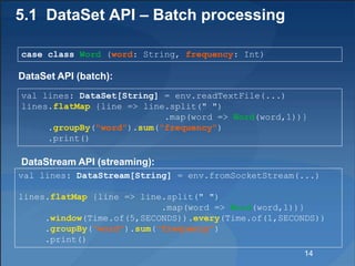 5.1 DataSet API – Batch processing
case class Word (word: String, frequency: Int)
val lines: DataStream[String] = env.from...