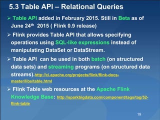 5.3 Table API – Relational Queries
 Table API added in February 2015. Still in Beta as of
June 24th 2015 ( Flink 0.9 rele...