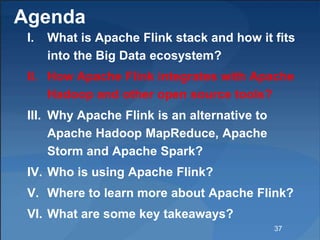 Agenda
I. What is Apache Flink stack and how it fits
into the Big Data ecosystem?
II. How Apache Flink integrates with Apa...