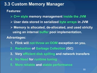 3.3 Custom Memory Manager
Features:
 C++ style memory management inside the JVM
 User data stored in serialized byte arr...