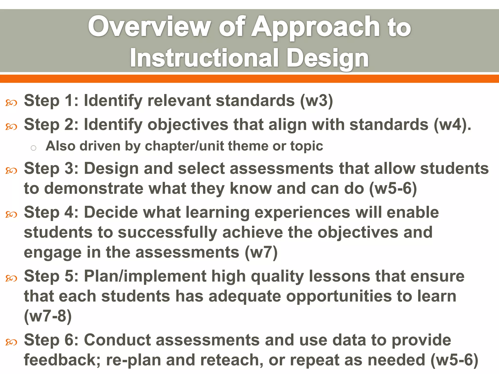  Step 1: Identify relevant standards (w3)
Step 2: Identify objectives that align with standards (w4).
o Also driven by chapter/unit theme or topic
Step 3: Design and select assessments that allow students
to demonstrate what they know and can do (w5-6)
Step 4: Decide what learning experiences will enable
students to successfully achieve the objectives and
engage in the assessments (w7)
Step 5: Plan/implement high quality lessons that ensure
that each students has adequate opportunities to learn
(w7-8)
Step 6: Conduct assessments and use data to provide
feedback; re-plan and reteach, or repeat as needed (w5-6)