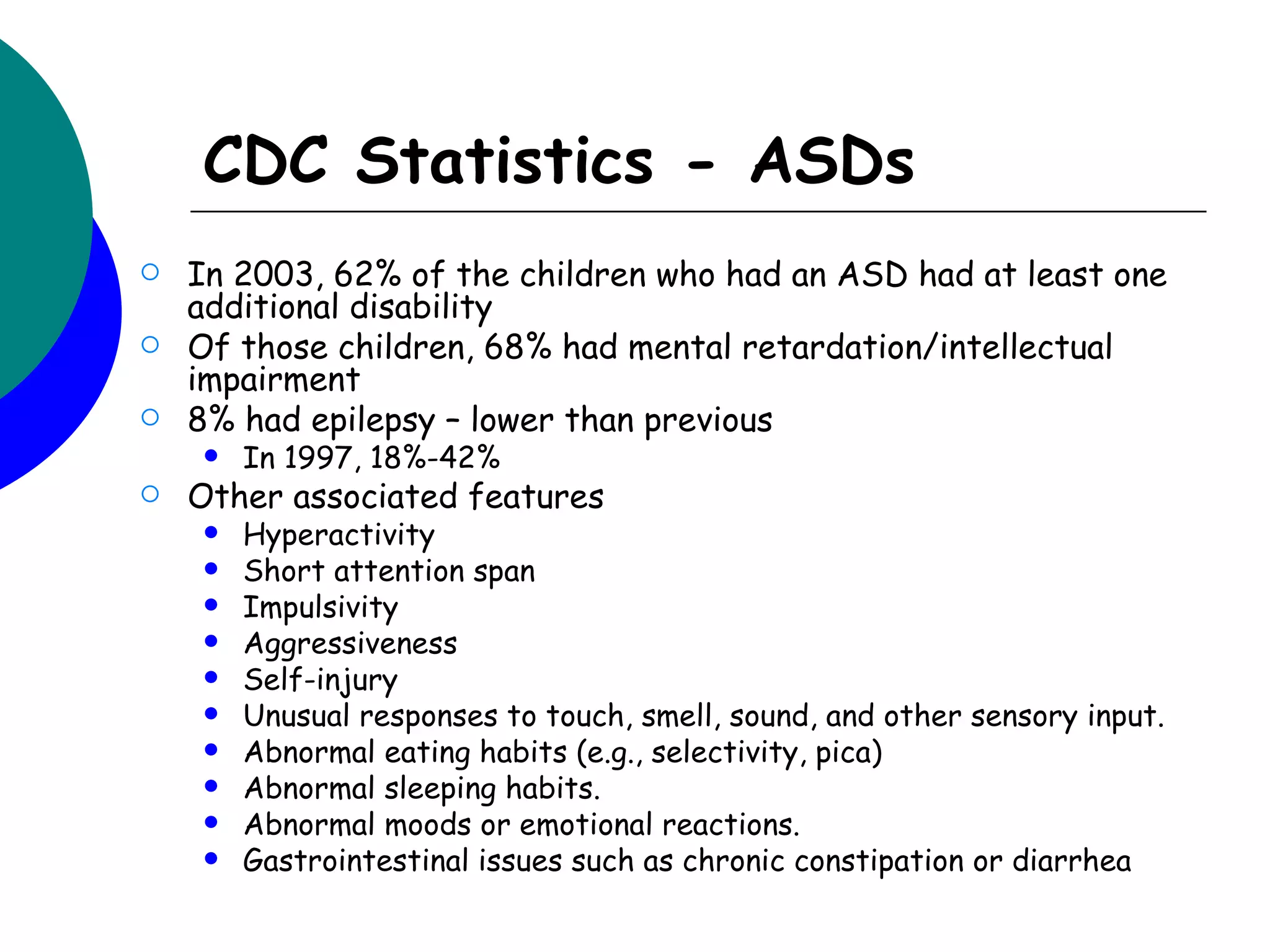 CDC Statistics - ASDs
   In 2003, 62% of the children who had an ASD had at least one
    additional disability
   Of those children, 68% had mental retardation/intellectual
    impairment
   8% had epilepsy – lower than previous
       In 1997, 18%-42%
   Other associated features
       Hyperactivity
       Short attention span
       Impulsivity
       Aggressiveness
       Self-injury
       Unusual responses to touch, smell, sound, and other sensory input.
       Abnormal eating habits (e.g., selectivity, pica)
       Abnormal sleeping habits.
       Abnormal moods or emotional reactions.
       Gastrointestinal issues such as chronic constipation or diarrhea 
 