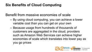 Six Benefits of Cloud Computing
Benefit from massive economies of scale
– By using cloud computing, you can achieve a lower
variable cost than you can get on your own
– Because usage from hundreds of thousands of
customers are aggregated in the cloud, providers
such as Amazon Web Services can achieve higher
economies of scale which translates into lower pay as
you go prices
 