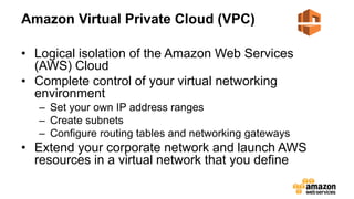 Amazon Virtual Private Cloud (VPC)
• Logical isolation of the Amazon Web Services
(AWS) Cloud
• Complete control of your virtual networking
environment
– Set your own IP address ranges
– Create subnets
– Configure routing tables and networking gateways
• Extend your corporate network and launch AWS
resources in a virtual network that you define
 