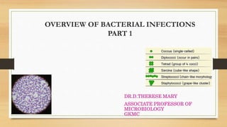 OVERVIEW OF BACTERIAL INFECTIONS
PART 1
DR.D.THERESE MARY
ASSOCIATE PROFESSOR OF
MICROBIOLOGY
GKMC
 