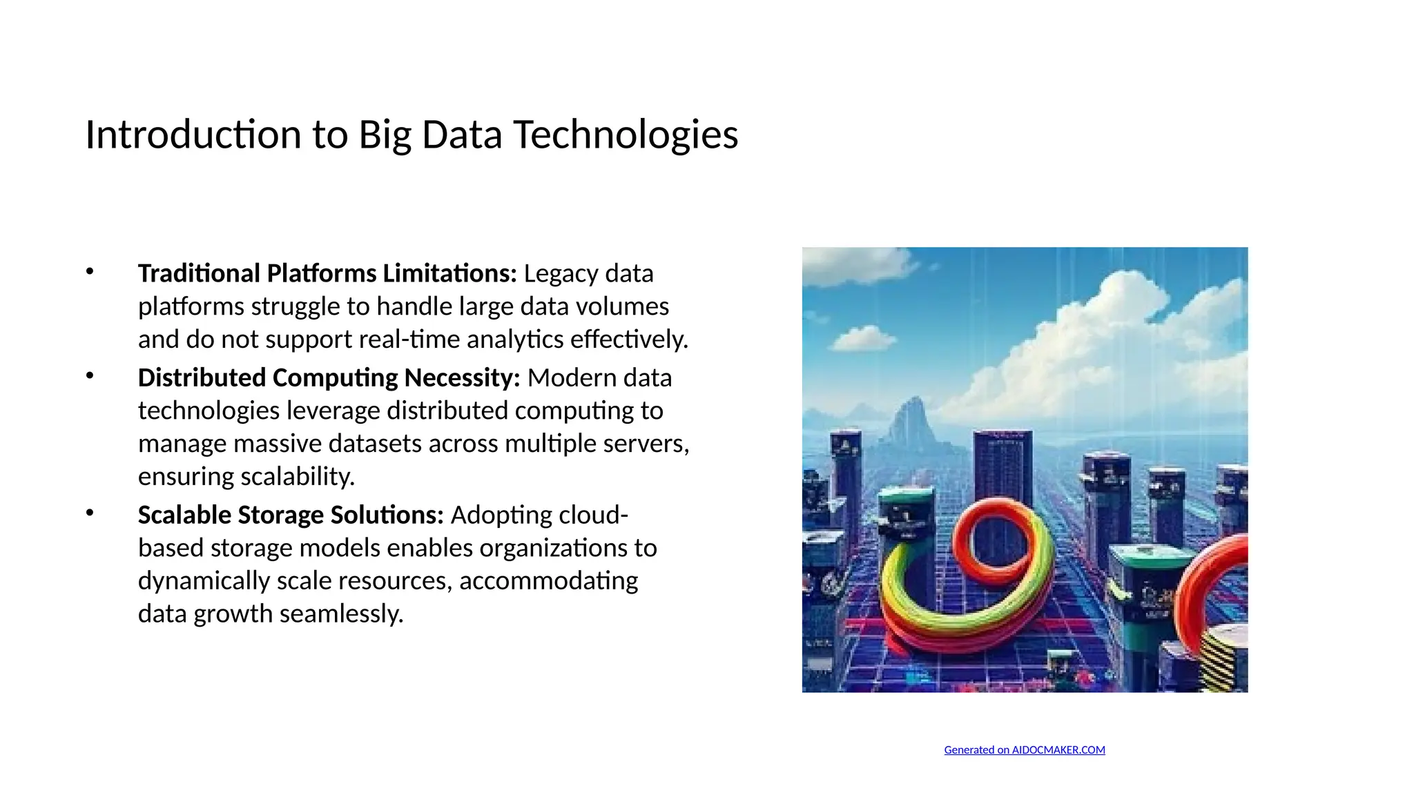 Introduction to Big Data Technologies
• Traditional Platforms Limitations: Legacy data
platforms struggle to handle large data volumes
and do not support real-time analytics effectively.
• Distributed Computing Necessity: Modern data
technologies leverage distributed computing to
manage massive datasets across multiple servers,
ensuring scalability.
• Scalable Storage Solutions: Adopting cloud-
based storage models enables organizations to
dynamically scale resources, accommodating
data growth seamlessly.
Generated on AIDOCMAKER.COM
 
