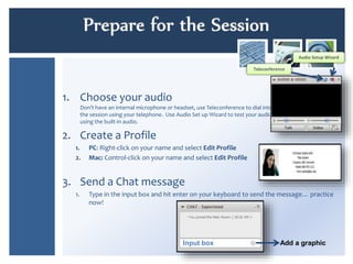 Prepare for the Session 
1. Choose your audio 
Teleconference 
Don’t have an internal microphone or headset, use Teleconference to dial into 
the session using your telephone. Use Audio Set up Wizard to test your audio 
using the built-in audio. 
2. Create a Profile 
1. PC: Right-click on your name and select Edit Profile 
2. Mac: Control-click on your name and select Edit Profile 
3. Send a Chat message 
Audio Setup Wizard 
1. Type in the input box and hit enter on your keyboard to send the message… practice 
now! 
Input box Add a graphic 
 