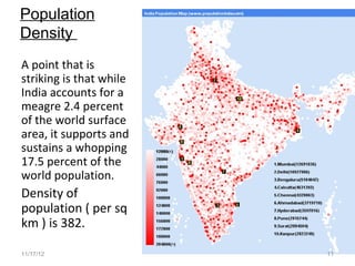 Population
Density
A point that is
striking is that while
India accounts for a
meagre 2.4 percent
of the world surface
area, it supports and
sustains a whopping
17.5 percent of the
world population.
Density of
population ( per sq
km ) is 382.

11/17/12                 11
 