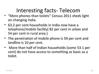 Interesting facts- Telecom
• “More phones than toilets” Census 2011 sheds light
  on changing India.
• 63.2 per cent households in India now have a
  telephone/mobile facility( 82 per cent in urban and
  54 per cent in rural area.)
• The penetration of mobile phone is 59 per cent and
  landline is 10 per cent.
• More than half of Indian households (some 53.1 per
  cent) do not have access to something as basic as a
  toilet.


 11/17/12                                               34
 